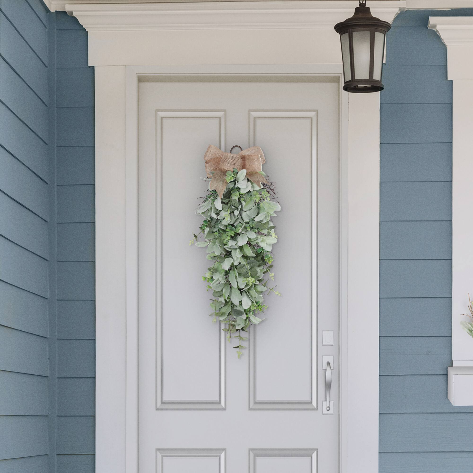 30" Lamb's Ear & Greenery Teardrop Swag with Bow